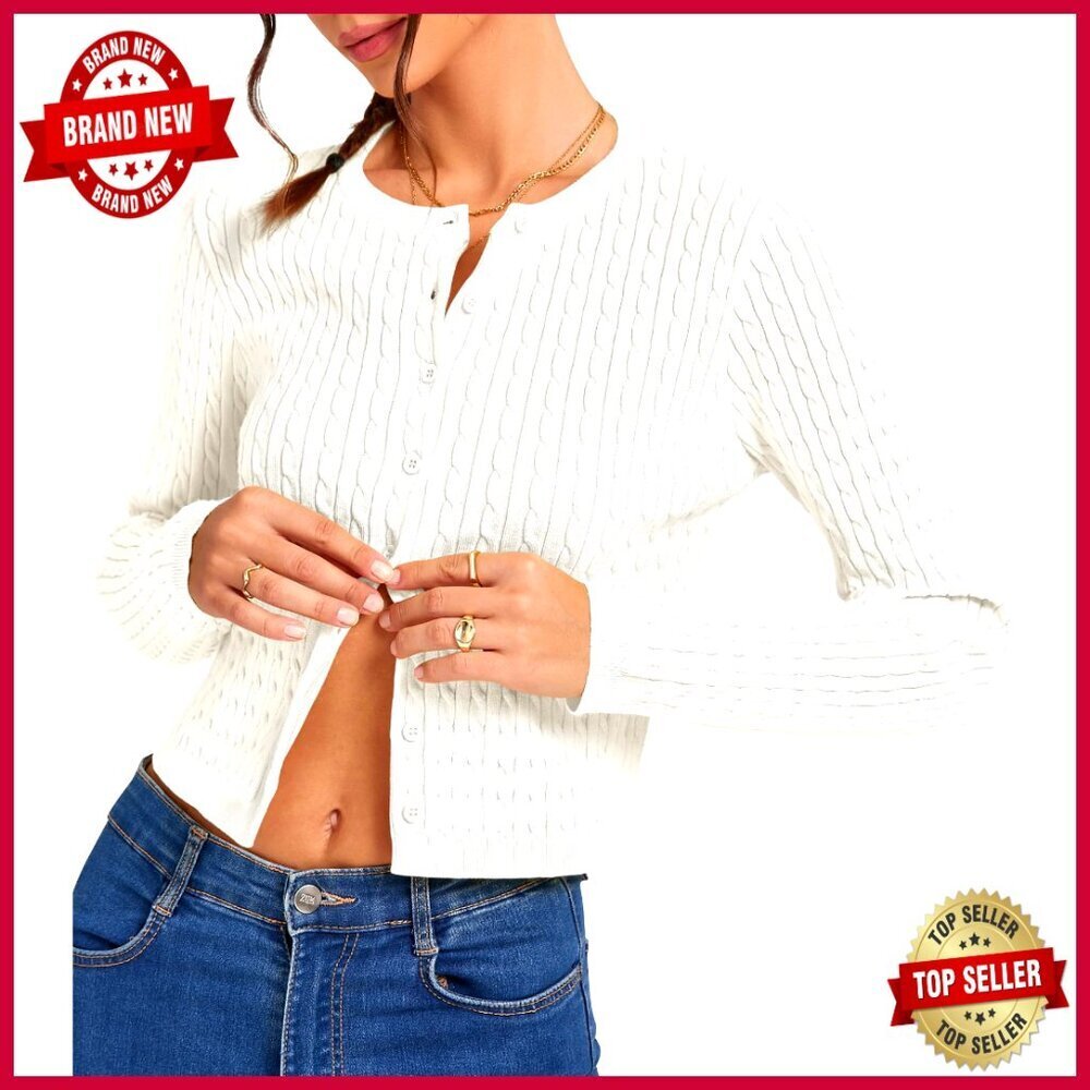 Cropped Cable Knit Cardigan Slim Fit Long Sleeve Button Up Sweater